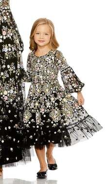 Mac duggal little girls dress gown black multi color embroidery size 4 SHIPSFast